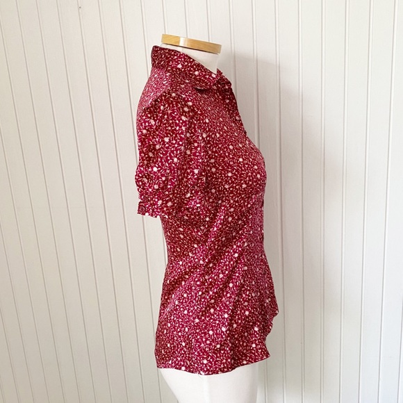 MNG Maroon Red Cream Floral Short Sleeve Button Down Fitted Top Shirt Size 2 - Picture 3 of 8